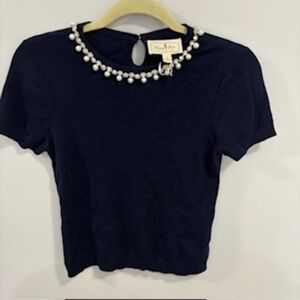 NWT Flora Bea NYC Sweater Pearl and Rhinestone Beading at Collar Navy Size S